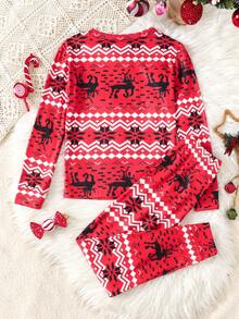 SHEIN 少女休闲针织圆领长袖家居服套装 - 紅色 - 查看 2