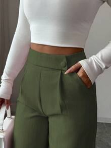 Elenzga Women's Pink Bamboo Fabric Waist Front Overlay Buckle Design Elegant Teacher Uniform Professional Casual, Thanksgiving, Halloween Essential Versatile Loose Flowy Straight Leg Pants - Army Green - View 7