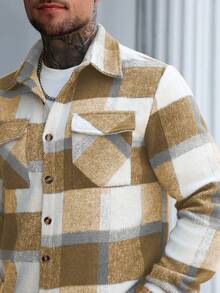 Manfinity Homme 男士休闲复古格子纽扣大衣，秋季款，送给男友和老公的完美节日礼物，男士法兰绒衬衫，冬季款 - 黃色 - 查看 6