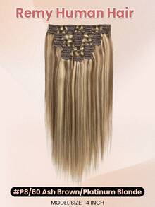 夹式接发真人发 9 件 120 克夹式接发 14-16 英寸 #P8/60 灰棕色混合铂金色直发夹式接发雷米真人发女士 - S8/60 - 查看 2