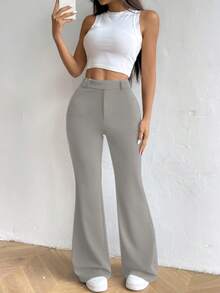 SHEIN Unity Pantalones elegantes de unicolor con pierna acampanada y ajustados para uso diario - Gris Claro - Ver 3