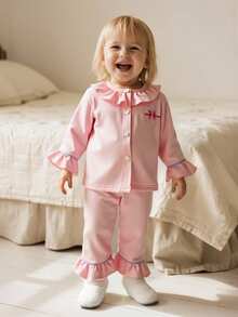 2 pièces Chemise rose à manches longues en tricot confortable pour bébé fille, 0-3 ans. Top polyvalent décontracté pour bébé fille, assorti à un pantalon évasé. Le design d'imprimé nœud sur le Top ajoute de la douceur. Convient pour diverses occasions comme les activités extérieures, les rassemblements familiaux, adapté pour le printemps et l'automne - Rose bonbon - Voir 5