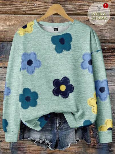 EMERY ROSE Sudadera holgada con cuello redondo y estampado floral casual, adecuada para otoño/invierno, apta para el regreso a clases, el Día del Maestro y la Navidad, talla grande para mujeres