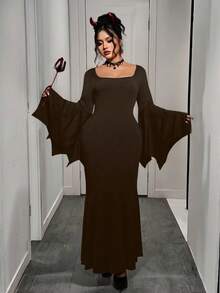 EMERY ROSE Plus Size Women Gothic Style Witch Dress, Vintage Batwing Sleeve Scoop Neck Robe, New Halloween Mermaid Tail Elastic Long Robe - Coffee Brown - View 3