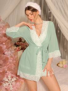 DelicateAllure 性感网纱蕾丝拼接睡裙及系带睡袍套装，迷人睡衣，冬季服装 - 綠色 - 查看 4