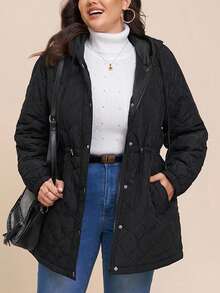 Comfylo Áo khoác có mũ trùm đầu rộng rãi, thoải mái, có dây rút, eo rộng, có đệm, áo khoác mùa đông ấm áp cho nữ, áo khoác chần bông cho nữ, áo khoác chống gió cho nữ, áo khoác ấm cho nữ, áo khoác Lễ Tạ ơn cho nữ, thường ngày cho nữ - màu đen - Xem 1