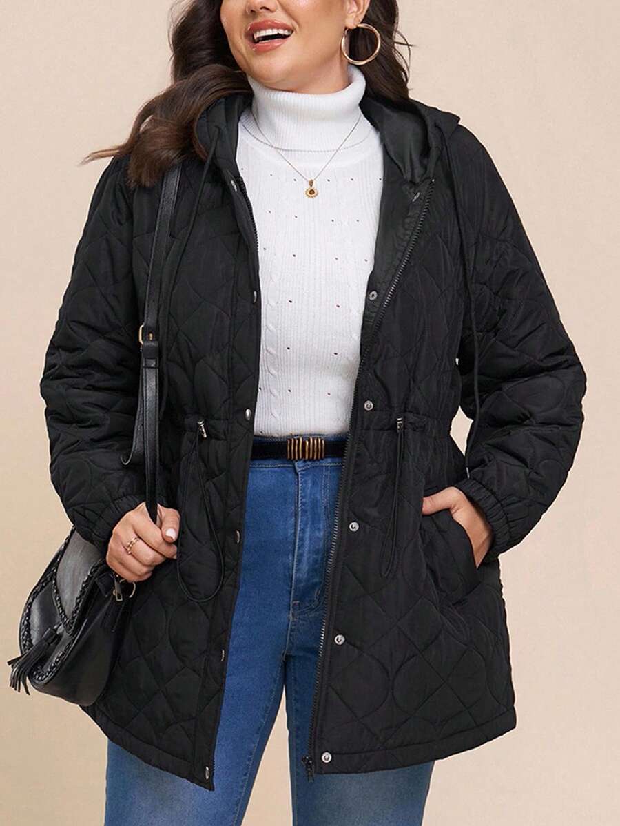 Comfylo Áo khoác có mũ trùm đầu rộng rãi, thoải mái, có dây rút, eo rộng, có đệm, áo khoác mùa đông ấm áp cho nữ, áo khoác chần bông cho nữ, áo khoác chống gió cho nữ, áo khoác ấm cho nữ, áo khoác Lễ Tạ ơn cho nữ, thường ngày cho nữ - màu đen - Xem 1