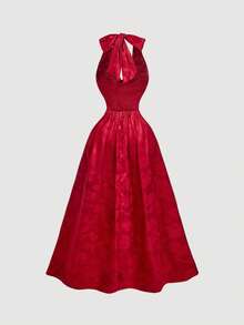 SHEIN MOD Váy dài cổ chữ V, buộc dây họa tiết hoa satin đỏ có nơ – Phong cách Baroque cổ điển, thích hợp mặc khi hẹn hò, tiệc tùng, lễ hội, sinh nhật và dạ hội - Đỏ - Xem 2