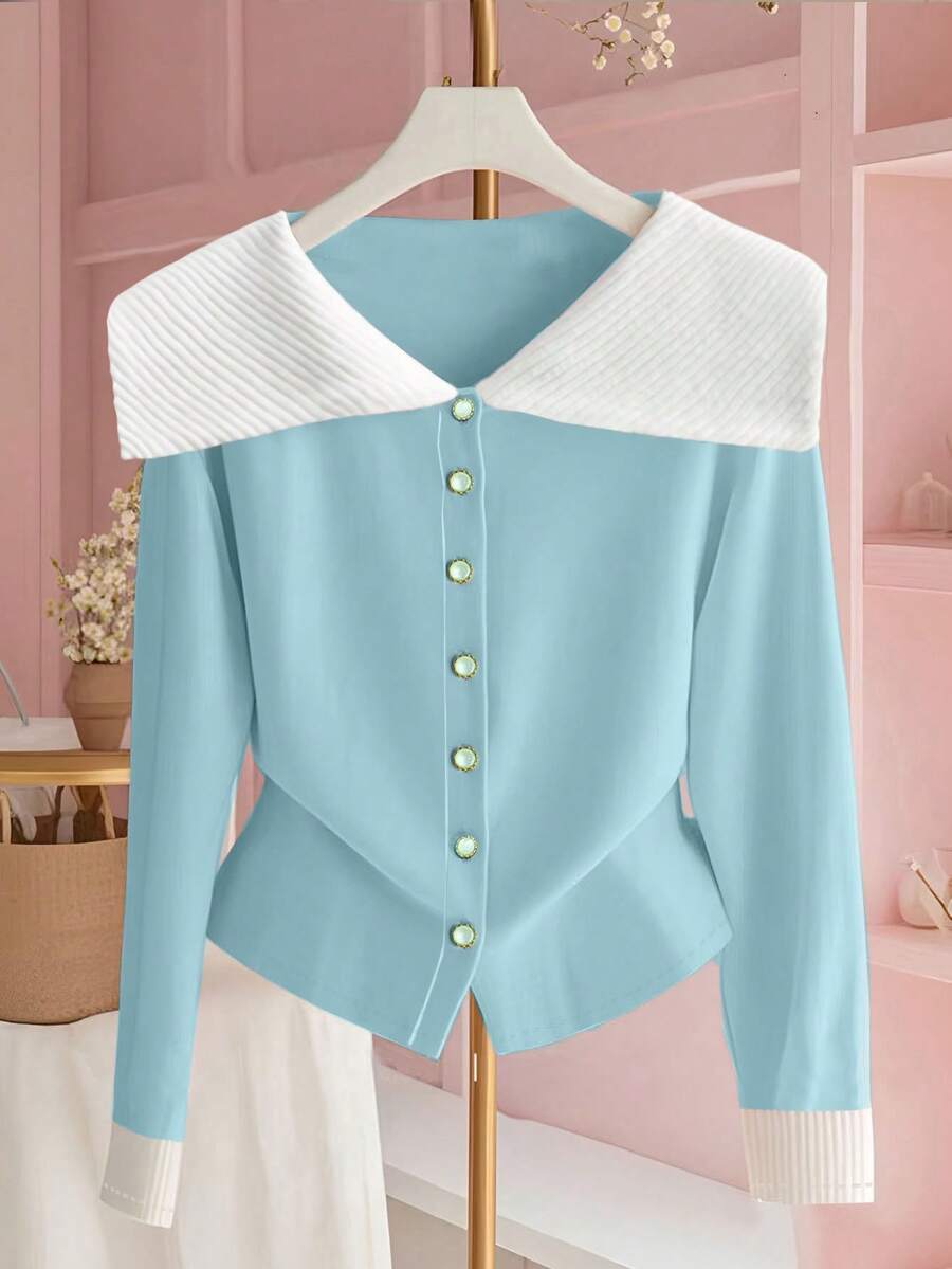 Franclia Women's Color Block Splice Collar Long Sleeve Front Button Fashionable Elegant T-Shirt - Blue and White - View 1