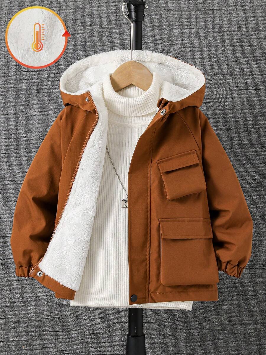 SHEIN Jungen Einfarbige Kapuzenjacke, eine bequeme Oberbekleidung, die sich für Kleine Jungen im Alter von 4-7 Jahren zum Tragen im Herbst, Frühling und Winter eignet, thermisch gefüttert