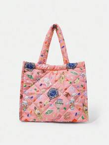 HARRY POTTER X SHEIN Túi Tote Họa Tiết Chần Bông, Túi Đeo Vai Y2K Màu Pastel Mềm Mại Dùng Đi Học & Hàng Ngày, Túi Xách Tay Cỡ Lớn Dễ Thương Thường Ngày - Hồng - Xem 7