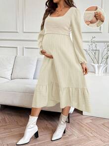 SHEIN 纯色简约哺乳服、孕妇装 - 杏色 - 查看 3