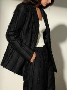 Aveloria Modichic Women's Textured Frayed Edge Striped Tassel Design Minimalist Blazer Jacket Paired With Wide Leg Pants Suit - Black - View 1