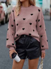 EMERY ROSE Casual Heart Pattern Drop Shoulder Loose Knit Sweater, Autumn/Winter - Coral Pink - View 3