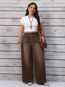 EMERY ROSE Plus Size Casual Everyday Washed Button Fly Wide Leg Jeans, Autumn - Coffee Brown - View 8