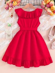 Elladie kids Vestido de princesa con volantes y dobladillo asimétrico para niña, color rojo dopamina, Día del Niño mexicano - Rojo - Ver 2