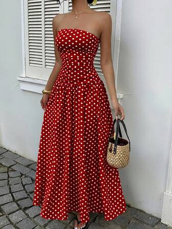 MainGRL Casual Vacation Rose Red Polka Dot Bandeau Dress For Women Polka Dot Dress Women Women Vacation Dress Polkadot Dress Long Dress Summer Pokadot Dress Strapless Dress Red Polka Dot Dress