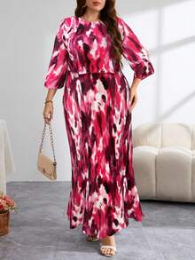 Reflora Plus Size Elegant All-Over Print Textured Fish Tail Hem Dress, Autumn - Burgundy - View 4