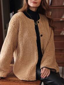 Louniche Áo khoác cardigan dáng rộng, cài nút tương phản, dáng suông, thời trang thường ngày, đi làm hàng ngày cho nữ, thu/đông - Màu be - Xem 4