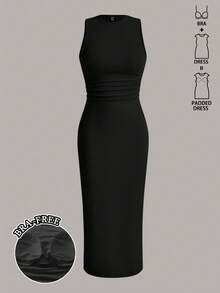 Tseoso 女式褶皱腰背心长裙，秋冬款，带内置衬垫的茶会礼服，晚宴礼服，优雅性感，派对、夜店、婚礼、四季皆宜，毕业典礼、老款、办公室装扮 - 黑色 - 查看 1