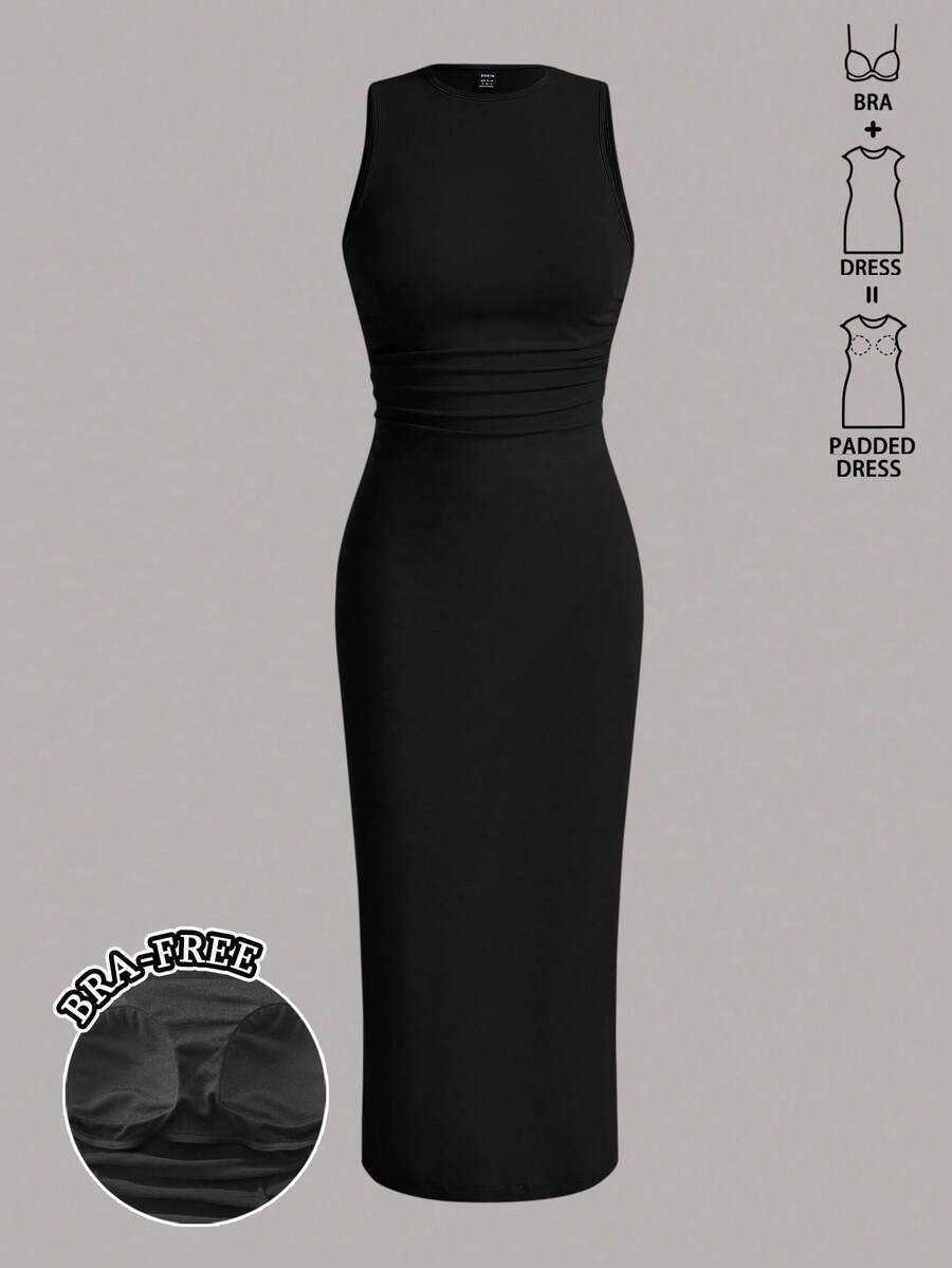 Tseoso 女式褶皱腰背心长裙，秋冬款，带内置衬垫的茶会礼服，晚宴礼服，优雅性感，派对、夜店、婚礼、四季皆宜，毕业典礼、老款、办公室装扮 - 黑色 - 查看 1