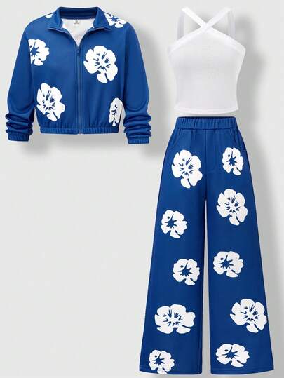 SHEIN Explorewe 3pcs/Set Girls Outfit: Black Zip-Up Jacket With Bow Decor, White Crisscross Strap Vest, Bow Accent Wide Leg Pants, Suitable For Outings, Vacations, Playtime, Outdoor, Back To School