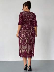 Firerie Plus Size Spring/Autumn Comfortable Casual Elegant Resort Underwire Lace Contrast Lining Stretchy Women Long Sleeve Dress For Office Burgundy/New Year - Burgundy - View 2
