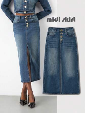 Maija Women's Blue Denim Skirt, Elegant Old-Fashioned Mid-Length Skirt With Metal Buckles For Autumn Date Wear Office Midi Skirt