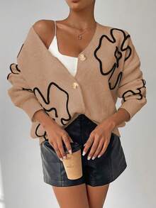 Chiquease Cardigan de Manga Longa com Botões e Padrão Colorido em Contraste para Mulheres - Marrom Claro - Visão 1
