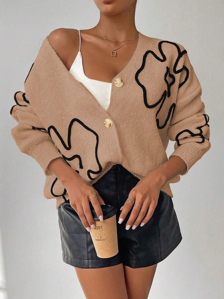 Chiquease Cardigan de Manga Longa com Botões e Padrão Colorido em Contraste para Mulheres - Marrom Claro - Visão 1