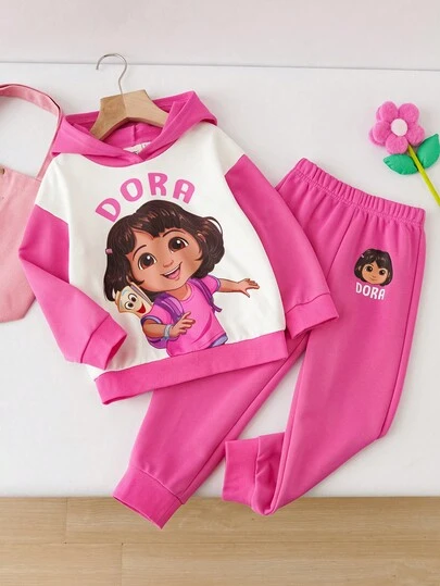 DORA | SHEIN Young Girl Cartoon Figure Graphic Color Block Loose Fit Hoodie Sweatshirt Set, Pink, Autumn/Winter