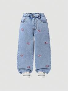 ChillGRL Young Girls Fashion Snowflake Washed Distressed Embroidered Flare Pants Jeans With Pink Bows - Light Wash - View 6