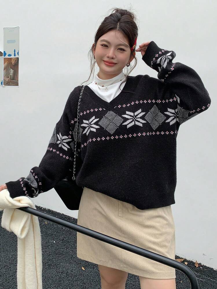 Dazy Plus Plus Size Women Contrast Color Patchwork Jacquard V-Neck Christmas Pullover Sweater, Autumn/Winter,New Year