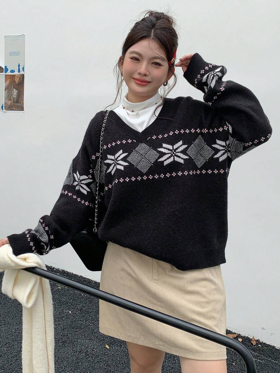 Dazy Plus Suéter de Navidad con escote en V, estampado jacquard de retazos de colores contrastantes para mujer talla grande, otoño/invierno, Año Nuevo - Negro - Ver 1