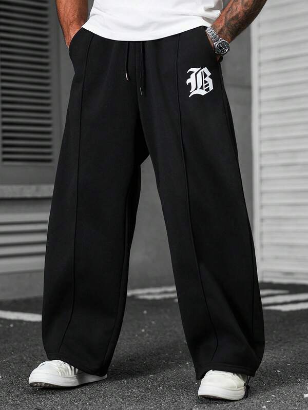 Manfinity Homme Plus Size Men's Casual Everyday Commute Street Letter Print Drawstring Waist Slant Pocket Seam Front Loose Wide Leg Sweatpants