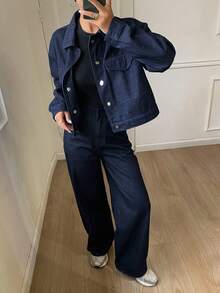 DAZY Women's Casual Solid Color Jacket And Wide Leg Jeans Suit, Autumn - Dark Wash - View 3