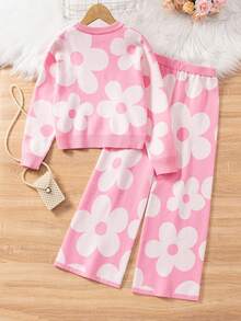 女童提花针织毛衣和紧身裤两件套，时尚款式，长袖，秋冬 - 粉色 - 查看 2