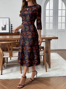 EMERY ROSE Damen Lässig vielseitiges Blumenprint Taillenkeid, Herbst- und Wintermode Kleid, Langes Kleid - Weiss - Übersicht 4
