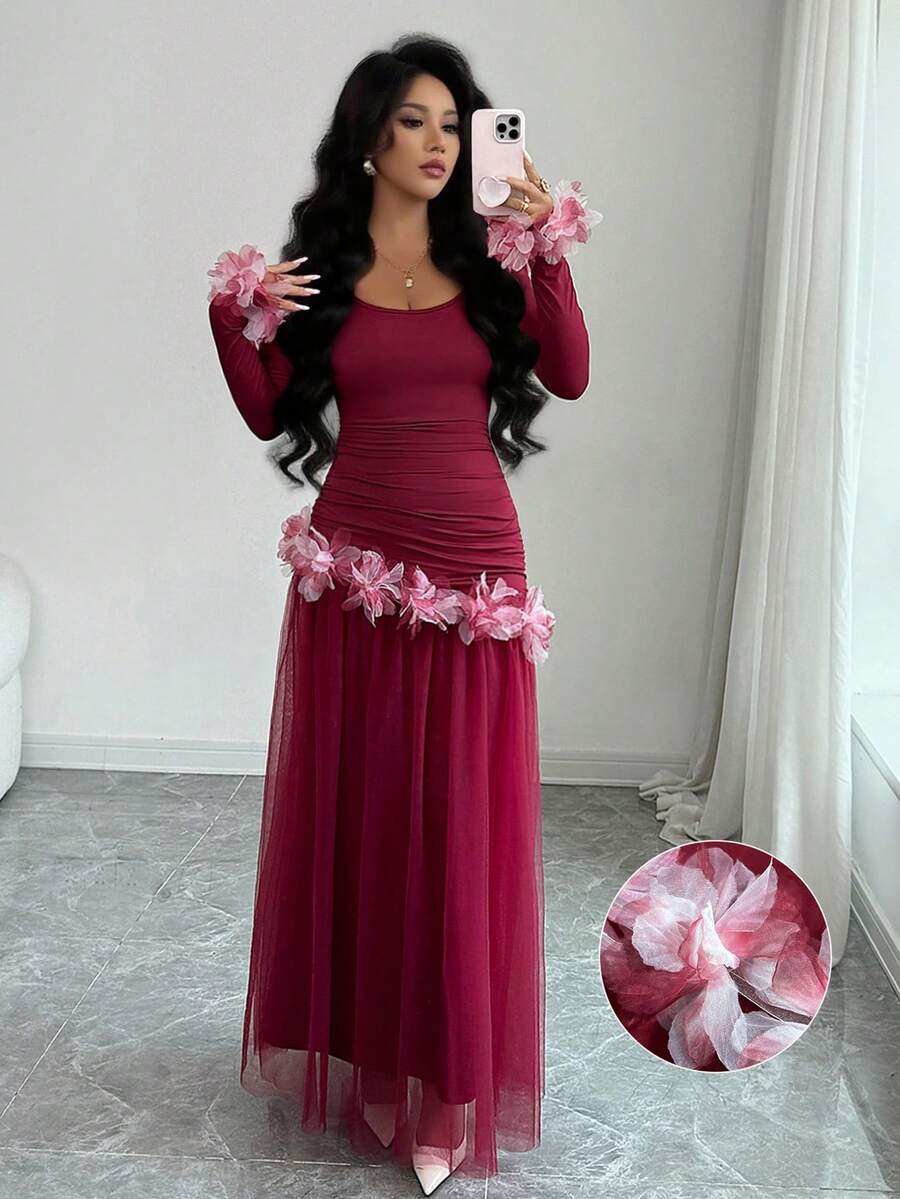 Elenzga 女士流行新款浪漫法式修身花卉蕾丝边优雅中长连衣裙,长袖 - 酒紅色 - 查看 1