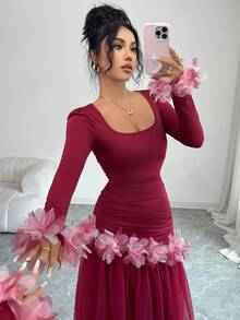 Elenzga 女士流行新款浪漫法式修身花卉蕾丝边优雅中长连衣裙，长袖 - 酒紅色 - 查看 4