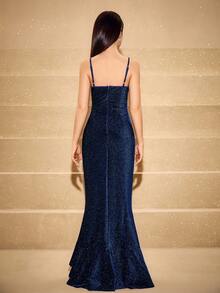 Vestido ajustado con tirantes de espagueti de hilo de oro y plata, cintura fruncida y volante en el bajo, adecuado para boda, baile de graduación, fiesta de cumpleaños, regreso a casa, graduación, Navidad, Halloween, dama de honor para adolescentes - Azul - Ver 2