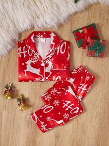 SHEIN Girls' Red And White Christmas Penguin & Candy Cane Print Fleece Pajama Set,Cute Autumn Winter Casual Comfortable 2 Pieces Matching Family Pajamas - Red - View 6