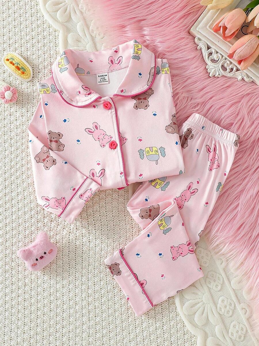 Baby Girl 2pcs Pajamas Set, Cute Rabbit & Bear Print Pink Long Sleeve Top And Casual Pants, Sleepwear - Pink - View 1