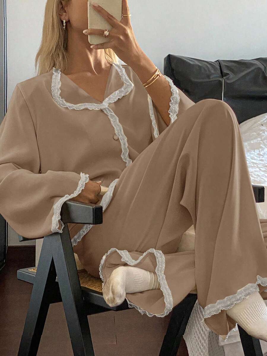 DAZY Satin Lace Ruffle Trim Women Sleep Pajama Set Spring Fall Winter Clothes - Khaki - View 1