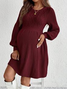 SHEIN 孕妇纯色圆领灯笼袖针织菱形图案腰部休闲毛衣连衣裙 - 酒紅色 - 查看 7