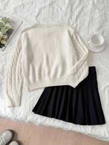 SHEIN 少女针织菱形麻花针织套头衫和黑色百褶裙套装，休闲日常装，秋冬