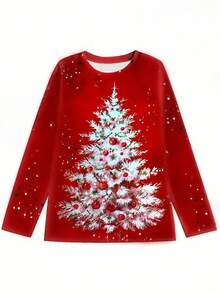 EMERY ROSE 女士节日圣诞树印花长袖 T 恤，圆领，休闲风格，涤纶针织面料，常规版型，四季皆宜 - 彩色 - 查看 3