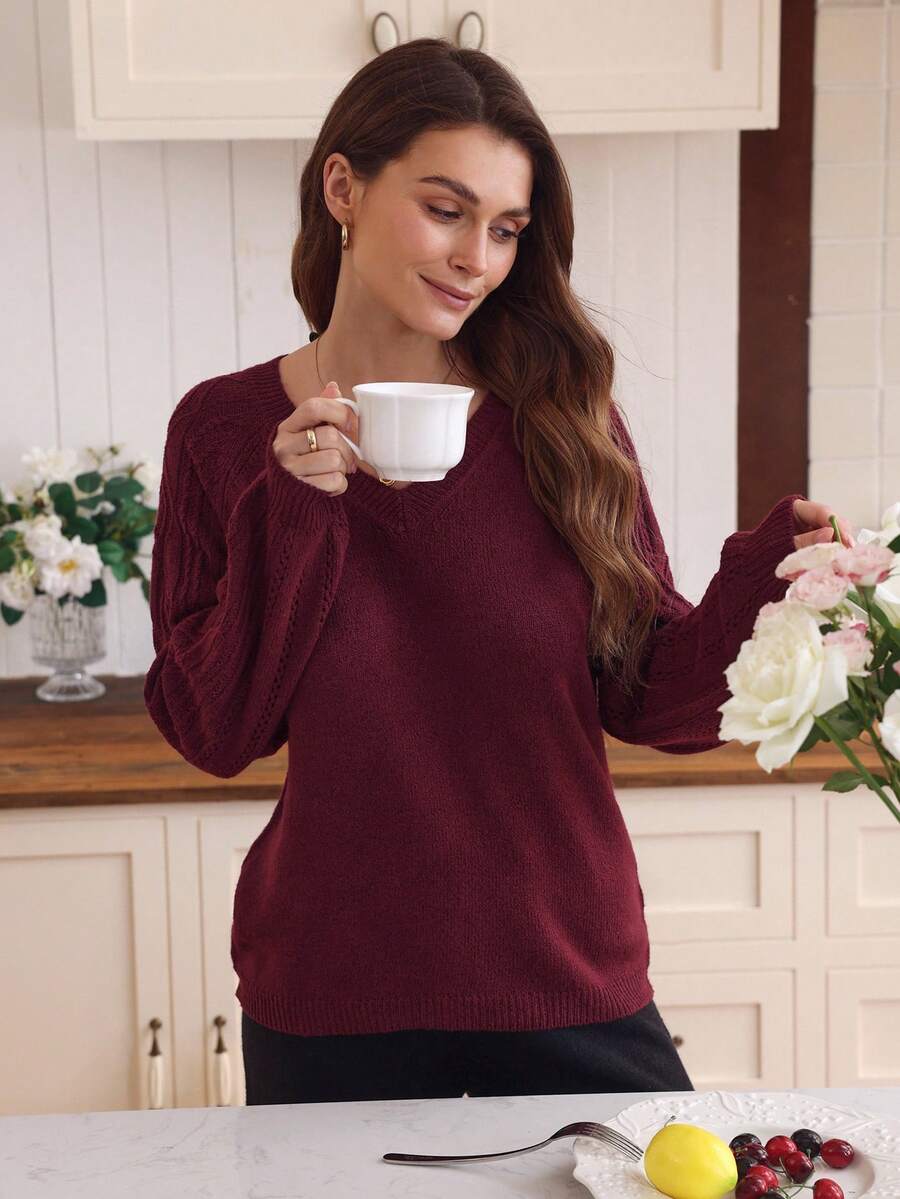EMERY ROSE Elegant Burgundy Raglan Sleeve Solid Color V-Neck Long Sleeve Knit Pullover Sweater, Suitable For Commuting In Autumn/Winter - Burgundy - View 1