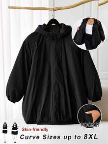 SHEIN CURVE+ Ropa de talla grande/Estilo campus/Ropa de vuelta al colegio/Chaqueta suelta de algodón con capucha y cremallera completa para mujer talla grande de excursionismo al aire libre, chaqueta acolchada, con bolsillos, negra, ropa de mujer de otoño - Negro - Ver 5