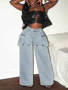 Slaydiva Plus Size Denim 2-In-1 Detachable Wide-Leg Pants,Fall Clothes For Women - Blue - View 4